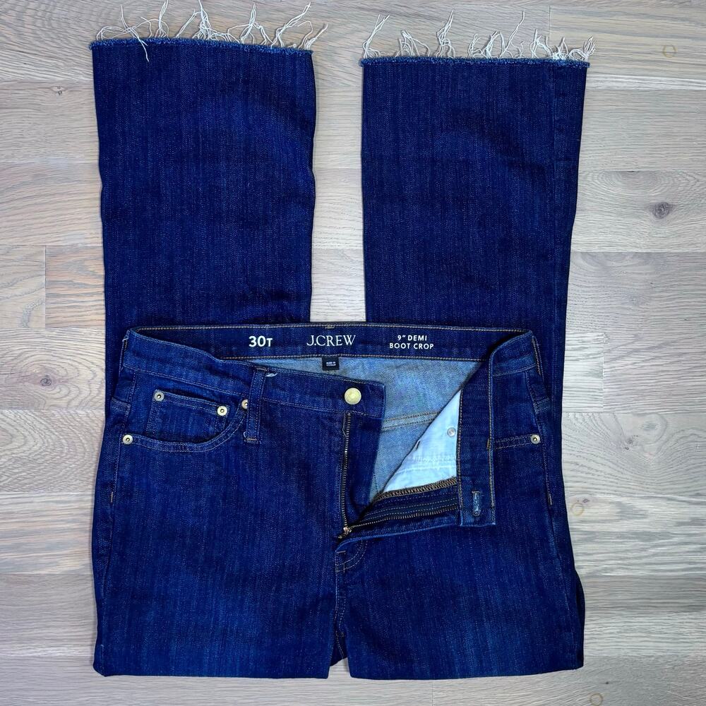 J. Crew 9” Demi Boot Crop Jeans Mid Rise Dark Raw Hem Women Size 30 Tall - Picture 5 of 9